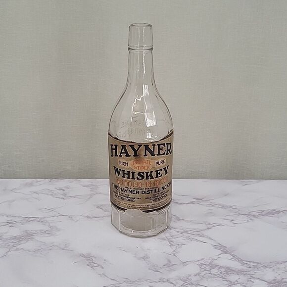 HAYNER Whiskey Bottle Clear Glass with Paper Label - Pre Prohibition - Picture 1 of 8
